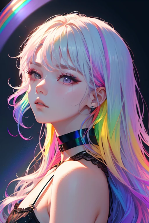 1girl, Black Choker, cute little, (Kpop Idle), (attractiveness:1), fashionable, (Platinum Blonde Hair:0.8), long hair, dramatic, intense, Irridescent color, (Rainbow:1.4), sensual pose, full shot, (Delicate images), (Highly detailed), (high resolution), (Best quality), (masterpiece)
