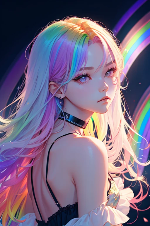 1girl, Black Choker, cute little, (Kpop Idle), (attractiveness:1), fashionable, (Platinum Blonde Hair:0.8), long hair, dramatic, intense, Irridescent color, (Rainbow:1.4), sensual pose, (full shot:1.3), (Delicate images), (Highly detailed), (high resolution), (Best quality), (masterpiece)
