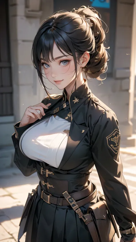 hold a gun,(glasses:1.2),(random military outfit),(random pose),(random hairstyle),(large breasts:1.5),(Highest image quality, (...