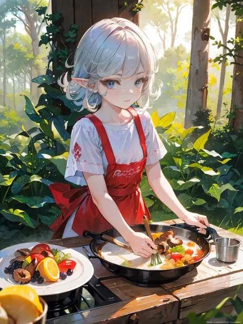 A small white-haired elf cooking their meal in the forest,illustration,ultra-detailed,rustic kitchen with wooden furniture and s...