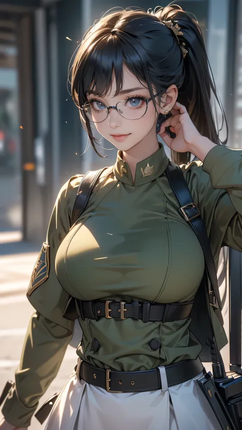 point the gun to the front,(glasses:1.2),(random military outfit),(random pose),(random hairstyle),(large breasts:1.5),(Highest ...