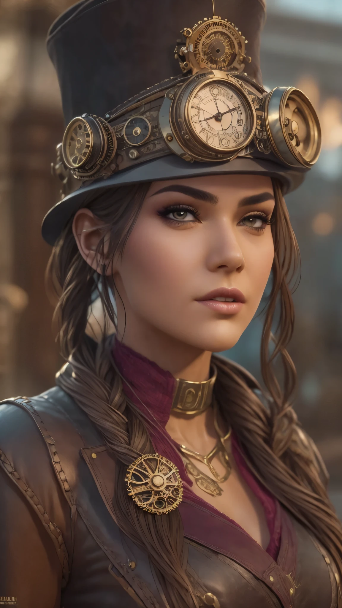 Columbian 19 year old girl, Kassandra, half body view, (front to camera), detailed european face, (aspiring facial expression), (((steampunk style close))), ((steampunk city on the background)), RAW, analog style, ultra detailed photograph, cinematic lighting, artstation, 4k, sharp focus, high resolution, detailed skin, detailed eyes,