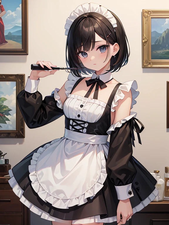 (masterpiece, highest quality, highest quality, Official Art, Cosmetology and aesthetics: 1.2), A cross-dressing boy with shoulder-length black hair and a short skirt wearing a maid&#39;s uniform、Cute, delicate and short,Hanging out the laundry,Raising both hands,from behind,from below, pants,Luxury House,garden