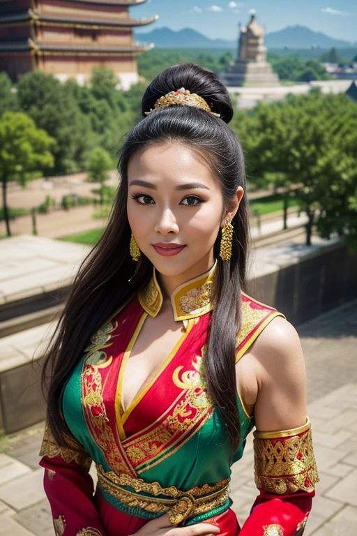 (from above:1.3),(thai woman),((highponytail)),(forehead),(Oriental Folk Costumes:1.5),(Empress's style:1.3),(enormous breasts:1.5),(Addressing an audience:1.6),(Historic Monuments of the Orient in the background:1.6),big smile,  (cowboy shot:1.4),8k, UHD,