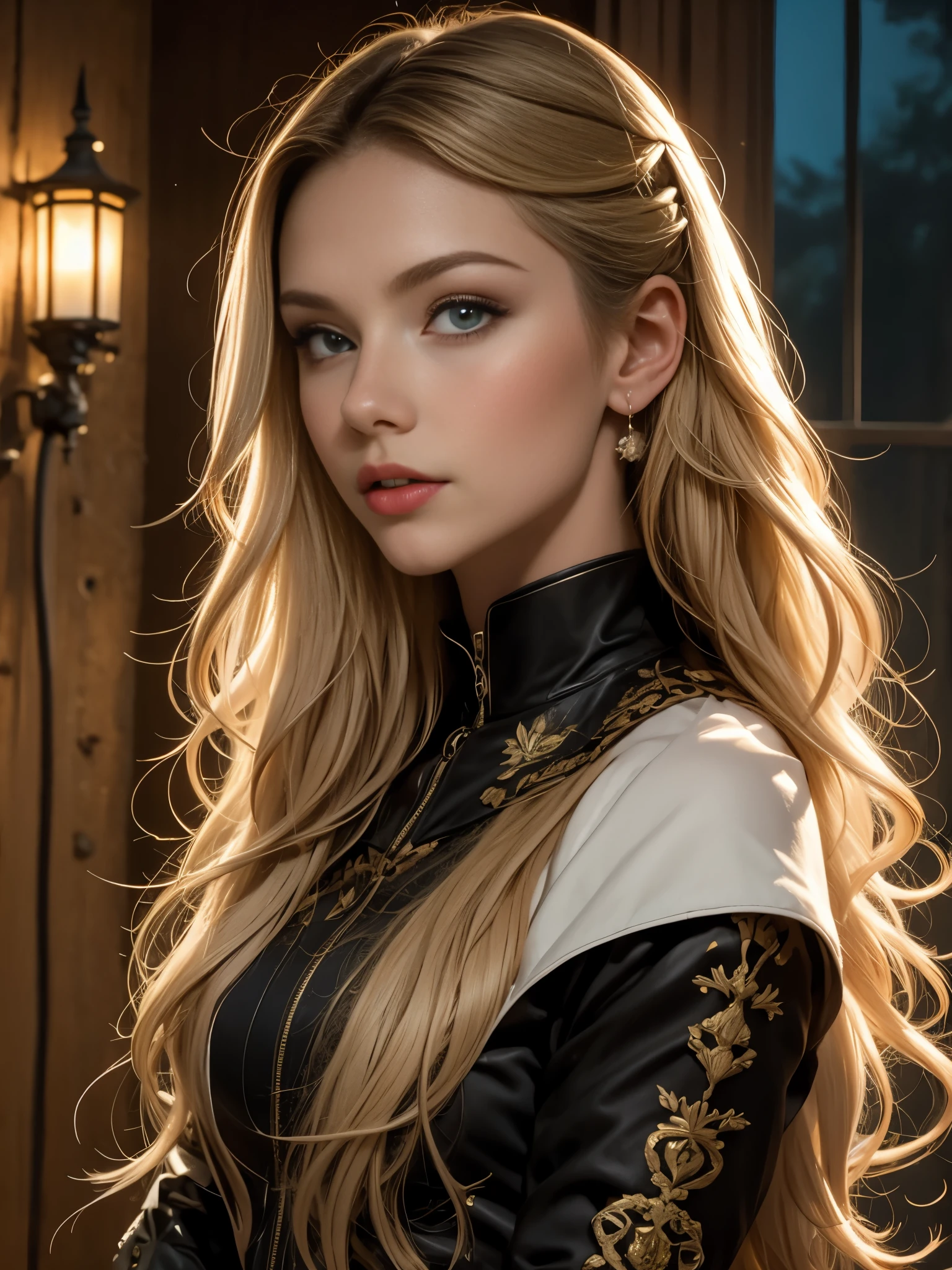 (Highly detailed CG Unity 8K wallpaper,pieces fly, highest quality, Super detailed),(best illumination, best shadow, very delicate and beautiful),fluffy,high color saturation,blonde hair+eyes are blue:1.2,Dark Gothic landscape, long hair, Gaze into the distance. (Beautiful girl with long blonde hair and shining gothic lighting with blue eyes)、cheek gloss highlight
