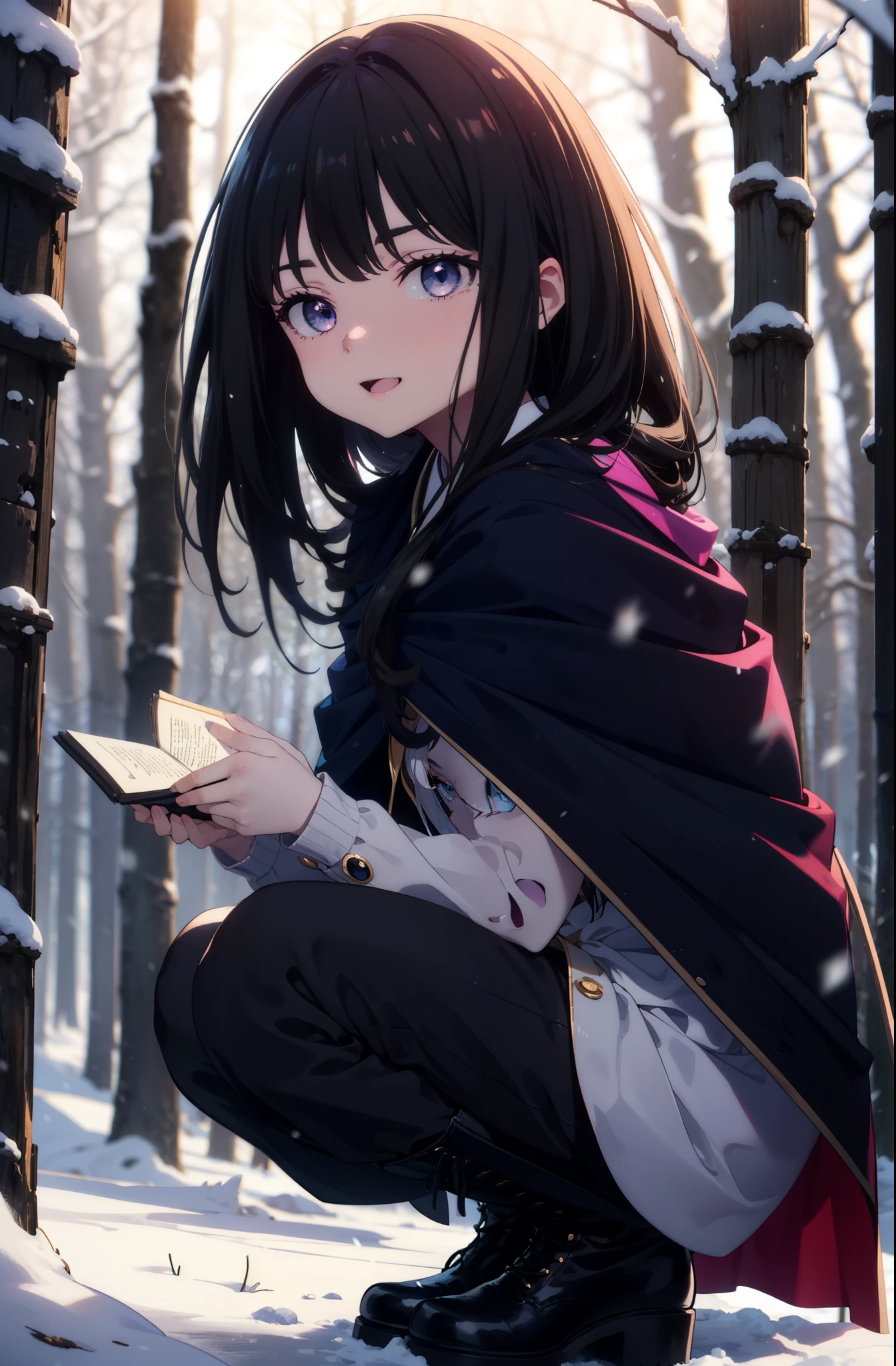 Takiuchi, Inoue Check, Long Hair, bangs, Black Hair, (Purple eyes:1.2),smile,
Open your mouth,snow,Bonfire, Outdoor, boots, snowing, From the side, wood, suitcase, Cape, Blurred, forest,  nature, Squat,  Cape, winter, Written boundary depth, Black shoes, blue Cape break looking at viewer, Upper Body, whole body, break Outdoor, forest, nature, break (masterpiece:1.2), highest quality, High resolution, unity 8k wallpaper, (shape:0.8), (Beautiful and beautiful eyes:1.6), Highly detailed face, Perfect lighting, Extremely detailed CG, (Perfect hands, Perfect Anatomy),
