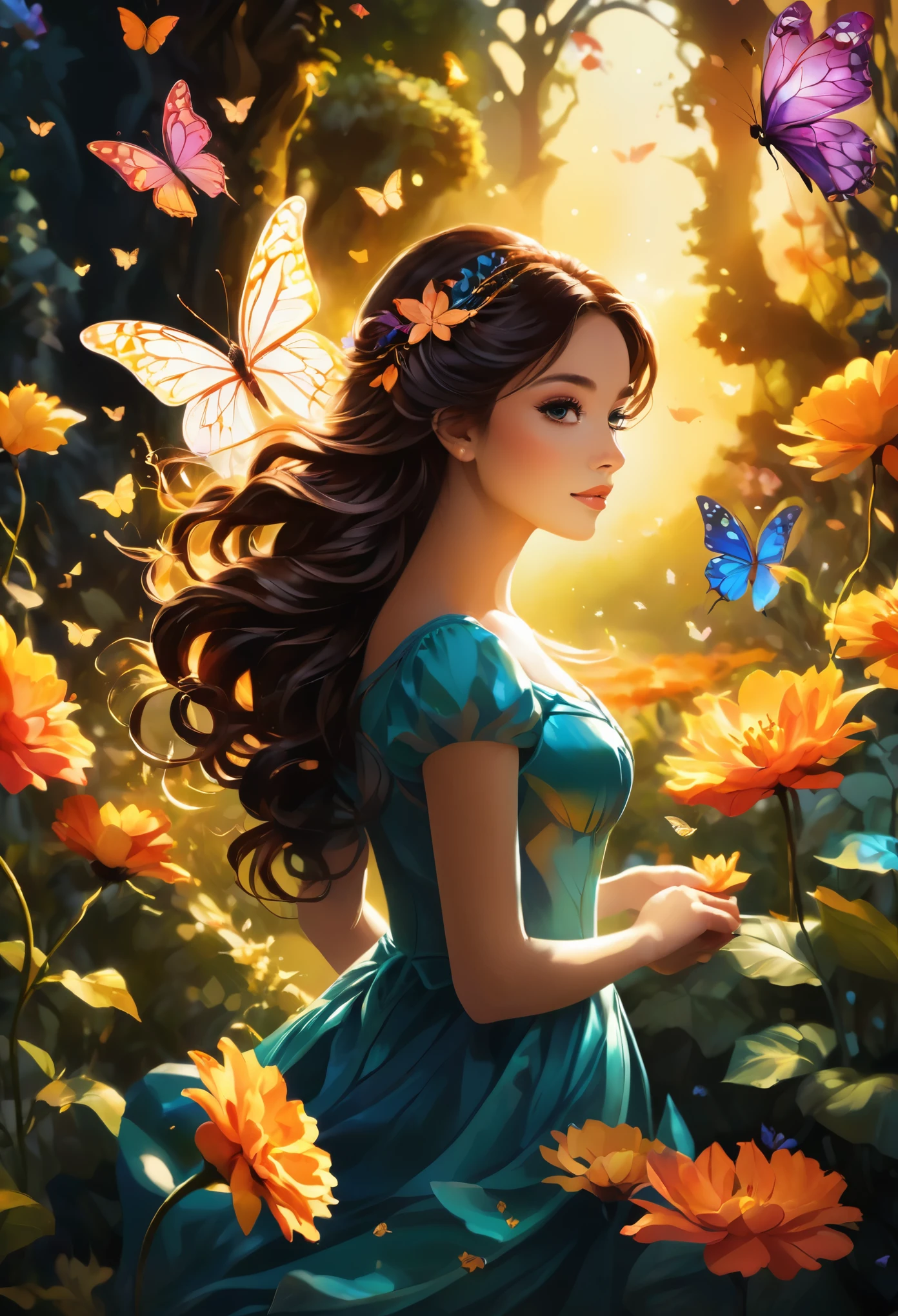 (Best Quality, 4k, 8k, high resolution, masterpiece: 1.2), (Beautiful queen butterfly:1.32) and ultra detailed, Long wings, vibrant and colorful, butterflies, Majestic patterns, real, regal, Elegant and detailed, delicate, ethereal, iridescent. , shimmering, Graced, charming, fluttering, floating, light, Mythical, Fancy, magical, enchantment, surreal, lozano, flourishing, vibrant garden, kissed by the sun, sunlit, Suave, dreamer, golden rays of light, bright flowers, radiant and bright, harmonious, peaceful, calm, sereno, fascinating, captivating.