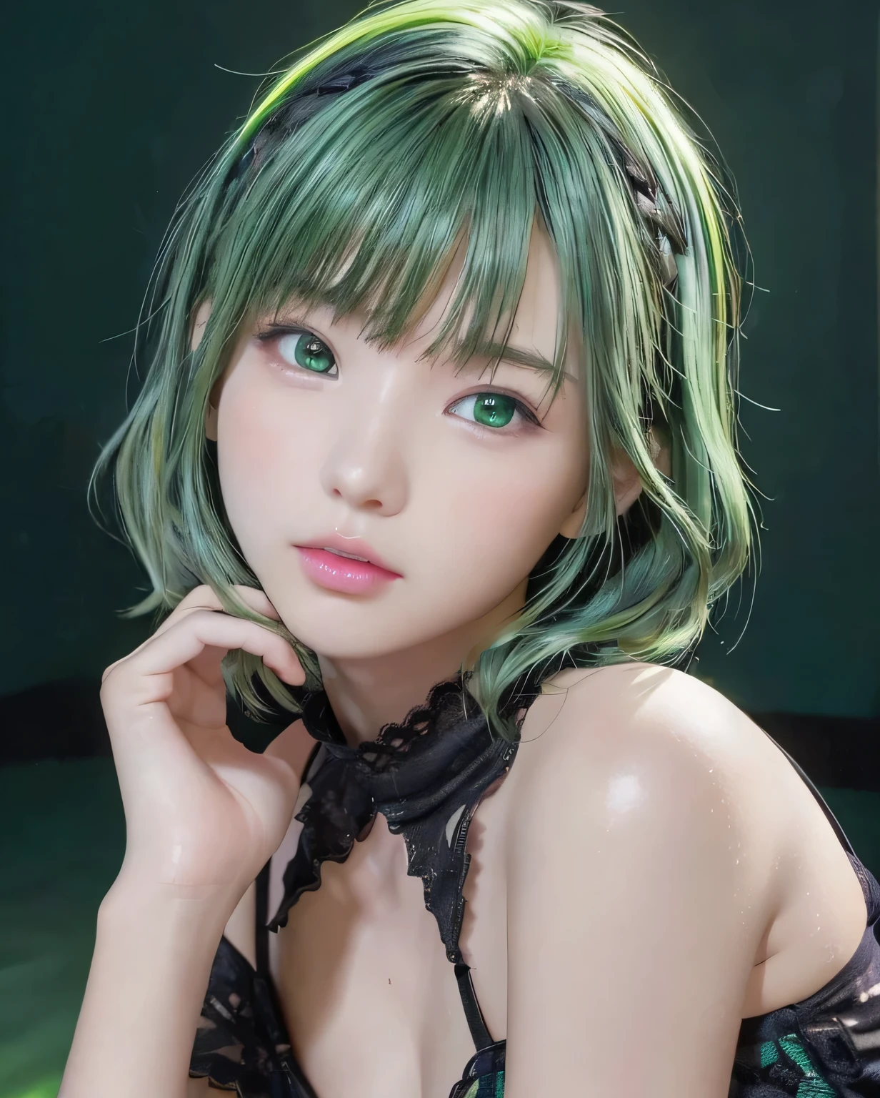 (Luminous and colorful lighting setup for model photography:1.25)、8K、highest quality、1 Girl、(16 years old)、(Face shot close up:1.3)、(Perfect hands、Perfect Anatomy)、Flat Body、cute、Beautiful photorealistic、High resolution、Perfect lighting and shadowatrix Style:1.23)、(((dark)))、、(Green Color Hair:1.34)、(Black light:1.23)