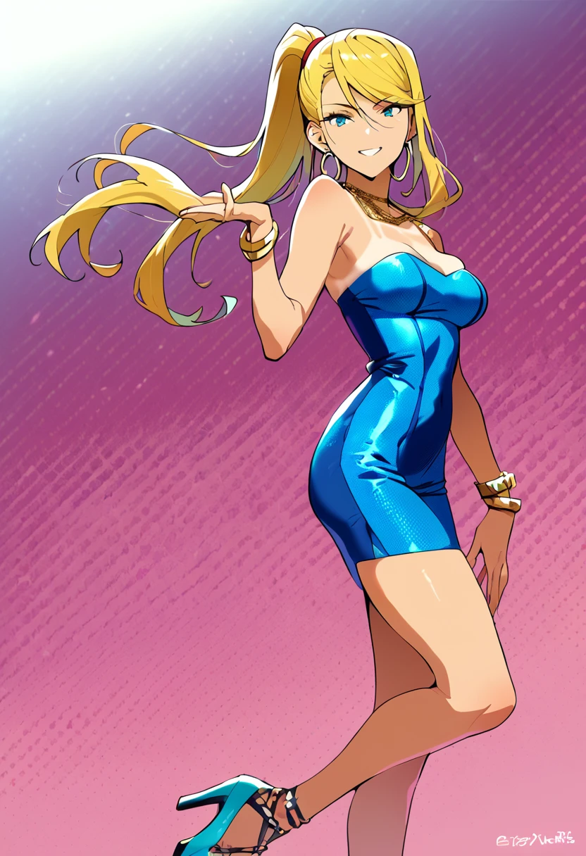 score_9,score_8_up,score_7_up,score_6_up, takeda hiromitsu style,1girl, sole_female, tanned, tanlines, pink bodycon dress, blue bodycon dress, sequins, strapless_dress, confident_pose, standing, intricate_face, intricate_eyes, smile, saggy_breasts, slender_waist, curvy_hips, high_heels, gold_bracelets, chain_necklace, hoop_earrings, dynamic_pose, sexy_face, sultry, curvy, skindentation, skin_tight, short_dress, Samus_Aran