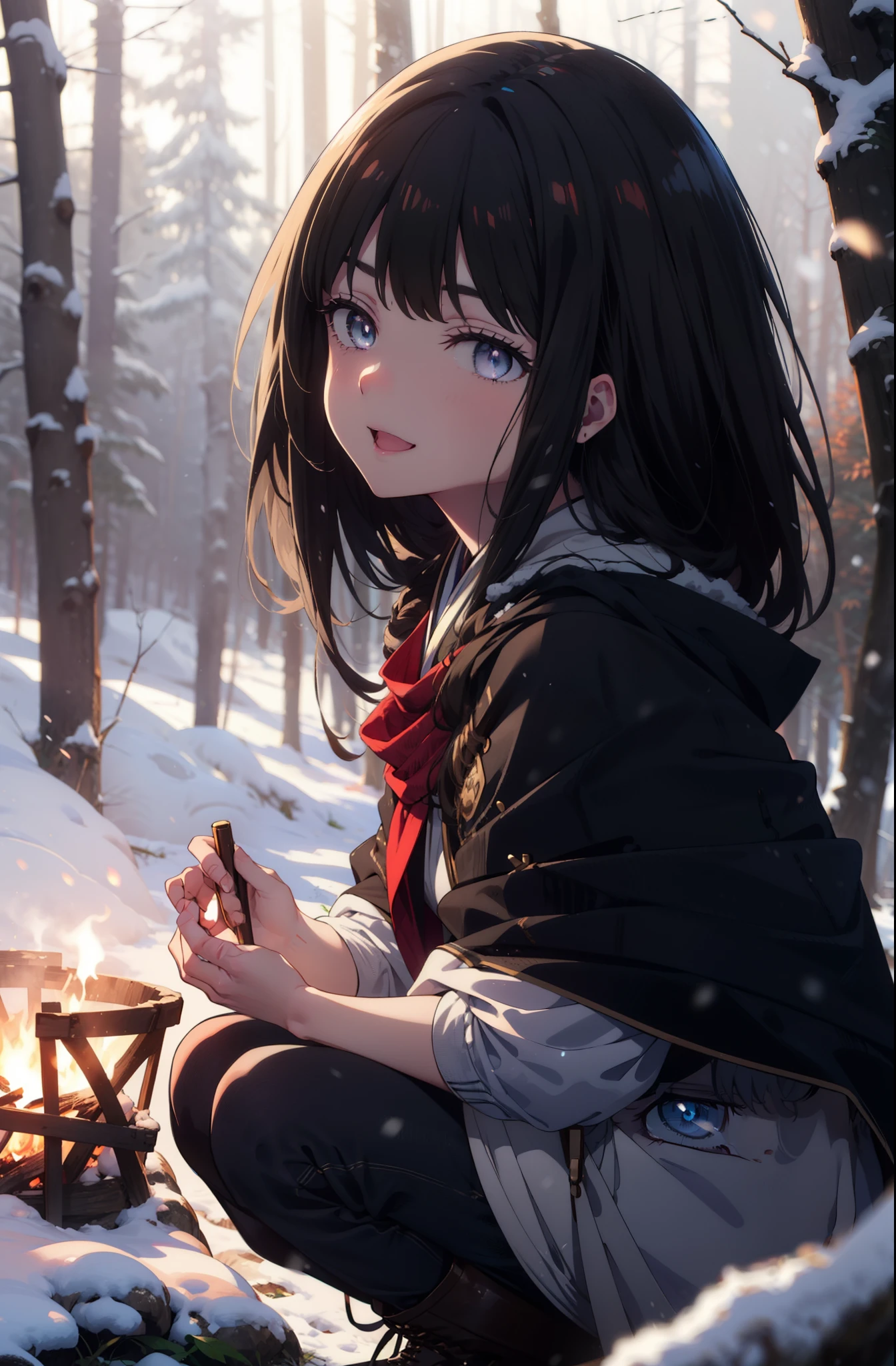 Takiuchi, Inoue Check, Long Hair, bangs, Black Hair, (Purple eyes:1.2),smile,
Open your mouth,snow,Bonfire, Outdoor, boots, snowing, From the side, wood, suitcase, Cape, Blurred, forest,  nature, Squat,  Cape, winter, Written boundary depth, Black shoes, blue Cape break looking at viewer, Upper Body, whole body, break Outdoor, forest, nature, break (masterpiece:1.2), highest quality, High resolution, unity 8k wallpaper, (shape:0.8), (Beautiful and beautiful eyes:1.6), Highly detailed face, Perfect lighting, Extremely detailed CG, (Perfect hands, Perfect Anatomy),
