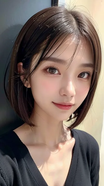 (((close-up of face)))、(((absolutely shoulder-length brown straight short bob)))、(((she is posing like a hair salon model, with ...