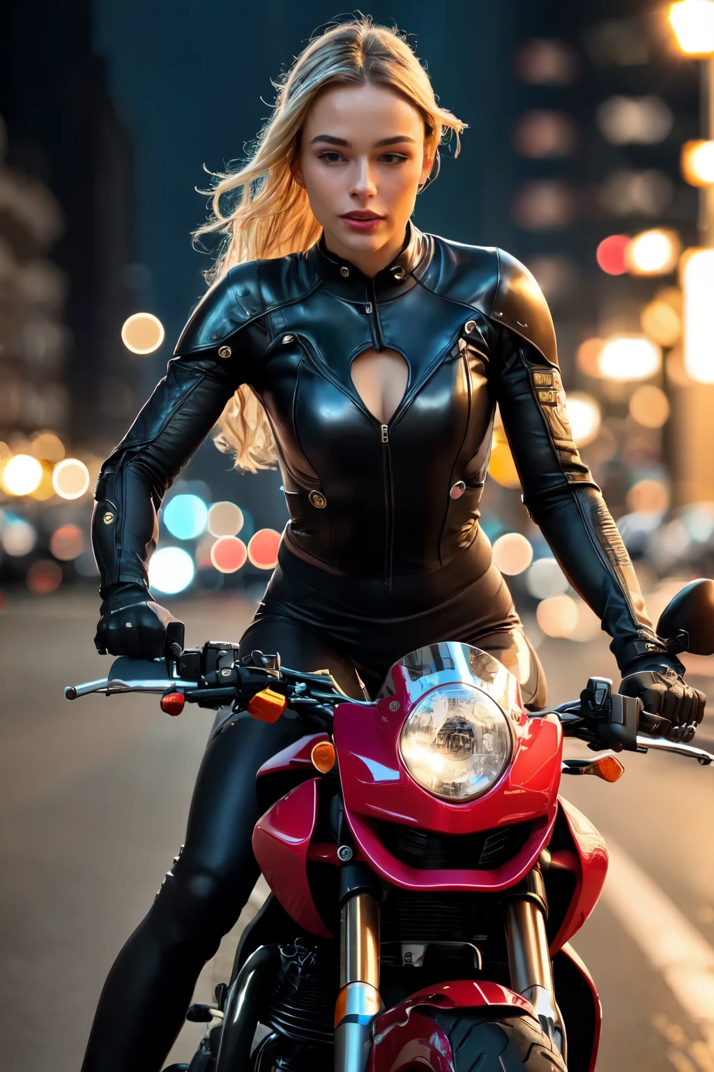Sexy cyborg girl riding on the motorcycle, blonde hair, french braid, (Best quality, 4K, 8k, A high resolution, masterpiece:1.2), absurdity, masterpiece, ultra detailed, (realistic, photorealistic, photorealistic:1.37), complex parts, HDR, (complex parts:1.12), (hyper detailed, hyper realistic, Soft lighting, spicy:1.2), beautiful figure, Magnificent Anatomy, (complex part, Hyper detailed:1.15), Smooth skin,