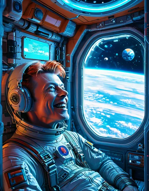 masterpiece digital art of david bowie as major tom an astronaut inside a brand new cyberpunk space station (looking at blue ear...