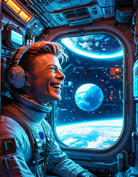 masterpiece digital art of david bowie as major tom an astronaut inside a brand new cyberpunk space station (looking at blue ear...