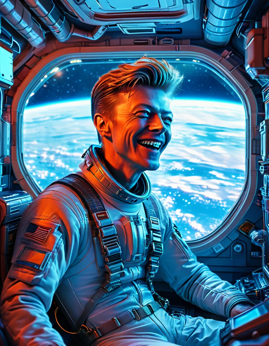 Masterpiece Digital art of David Bowie as Major Tom an astronaut inside a brand new cyberpunk space station (looking at blue Earth:1.2), talking to his friend, happy face, smile on his face, light laughter, detailed face, detailed eyes, detailed exicted expression, (side view:1.2), insanely detailed and intricate, cinematic art by greg rutkowski, directional lighting from the space station window