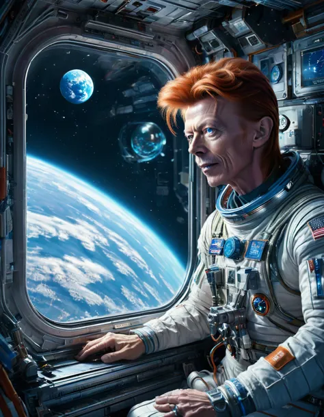 masterpiece digital art of david bowie as major tom an astronaut inside a brand new cyberpunk space station (looking at blue ear...