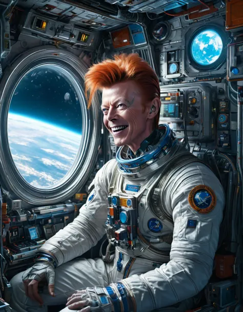 masterpiece digital art of david bowie as major tom an astronaut inside a brand new cyberpunk space station (looking at blue ear...