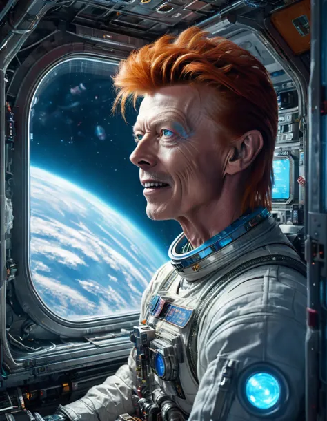 masterpiece digital art of david bowie as major tom an astronaut inside a brand new cyberpunk space station (looking at blue ear...