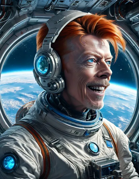 masterpiece digital art of david bowie as major tom an astronaut inside a brand new cyberpunk space station (looking at blue ear...