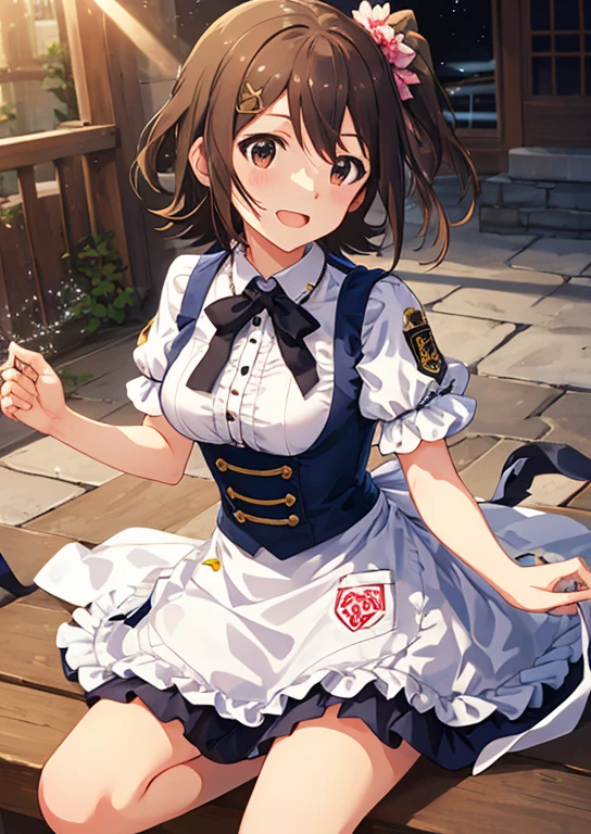 Mirai Kasuga, (highest quality, 8k, masterpiece, Very detailed:1.2), (Lens flare, Particles of light, Shine), Big Breasts, smile, Open your mouth, masterpiece, highest quality, Very detailed, High resolution, Very detailedなCG, (Official Art), apron , (Spread your legs),Lift your legs, (Embarrassing:1.1), (blush:1.2), Open your mouth, (shout:1.1), (Moving lines:1.1)