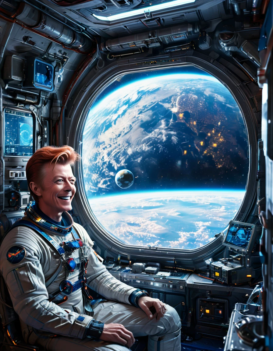 Masterpiece Digital art of David Bowie as Major Tom an astronaut inside a brand new cyberpunk space station (looking at blue Earth:1.2), talking to his friend, happy face, smile on his face, light laughter, detailed face, detailed eyes, detailed exicted expression, (side view:1.2), insanely detailed and intricate, cinematic art by greg rutkowski, directional lighting from the space station window