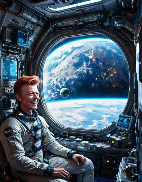 masterpiece digital art of david bowie as major tom an astronaut inside a brand new cyberpunk space station (looking at blue ear...