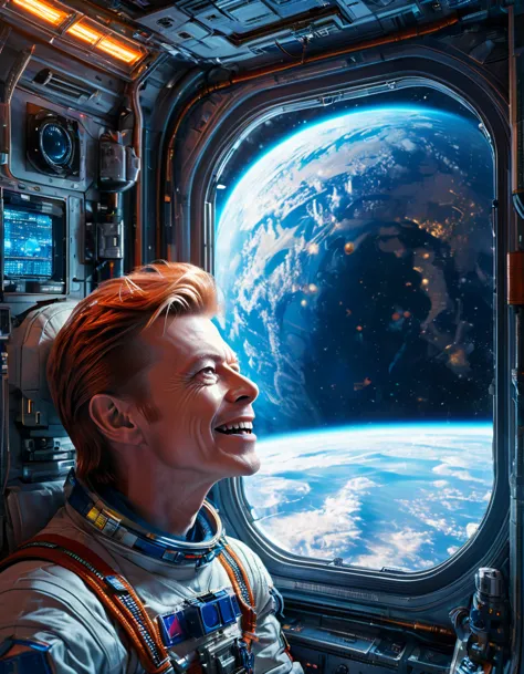 masterpiece digital art of david bowie as major tom an astronaut inside a brand new cyberpunk space station (looking at blue ear...