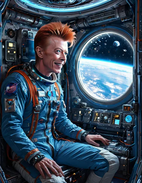 masterpiece digital art of david bowie as major tom an astronaut inside a brand new cyberpunk space station (looking at blue ear...