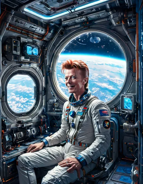 masterpiece digital art of david bowie as major tom an astronaut inside a brand new cyberpunk space station (looking at blue ear...