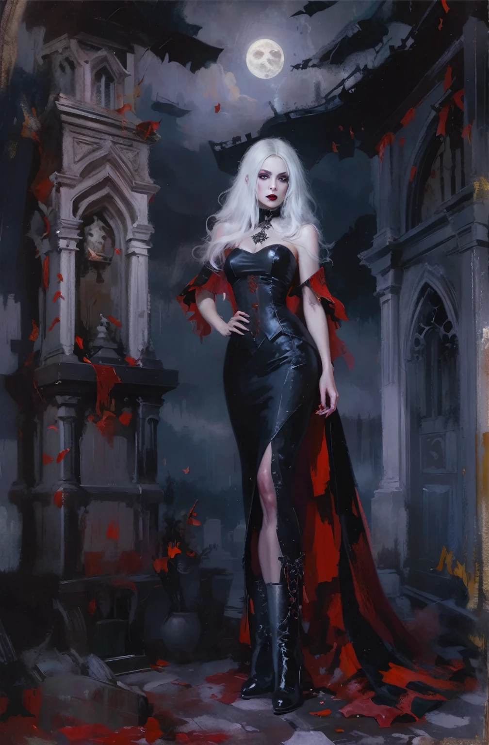 pintura de uma mulher com vestido preto e capa vermelha parada em um cemitério, arte de fantasia gótica, arte de estilo fantasia sombria, linda rainha feminina vampira, Moda vampiro, linda rainha vampira, estilo artístico tom bagshaw, arte gótica style, WLOP |, conceito neogótico, alexandra fomina artstation, arte gótica, donzela gótica, retrato de uma senhora vampira