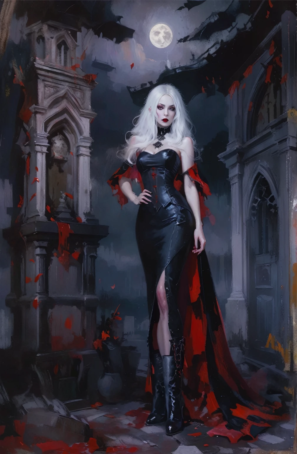 pintura de uma mulher com vestido preto e capa vermelha parada em um cemitério, arte de fantasia gótica, arte de estilo fantasia sombria, linda rainha feminina vampira, Moda vampiro, linda rainha vampira, estilo artístico tom bagshaw, arte gótica style, WLOP |, conceito neogótico, alexandra fomina artstation, arte gótica, donzela gótica, retrato de uma senhora vampira