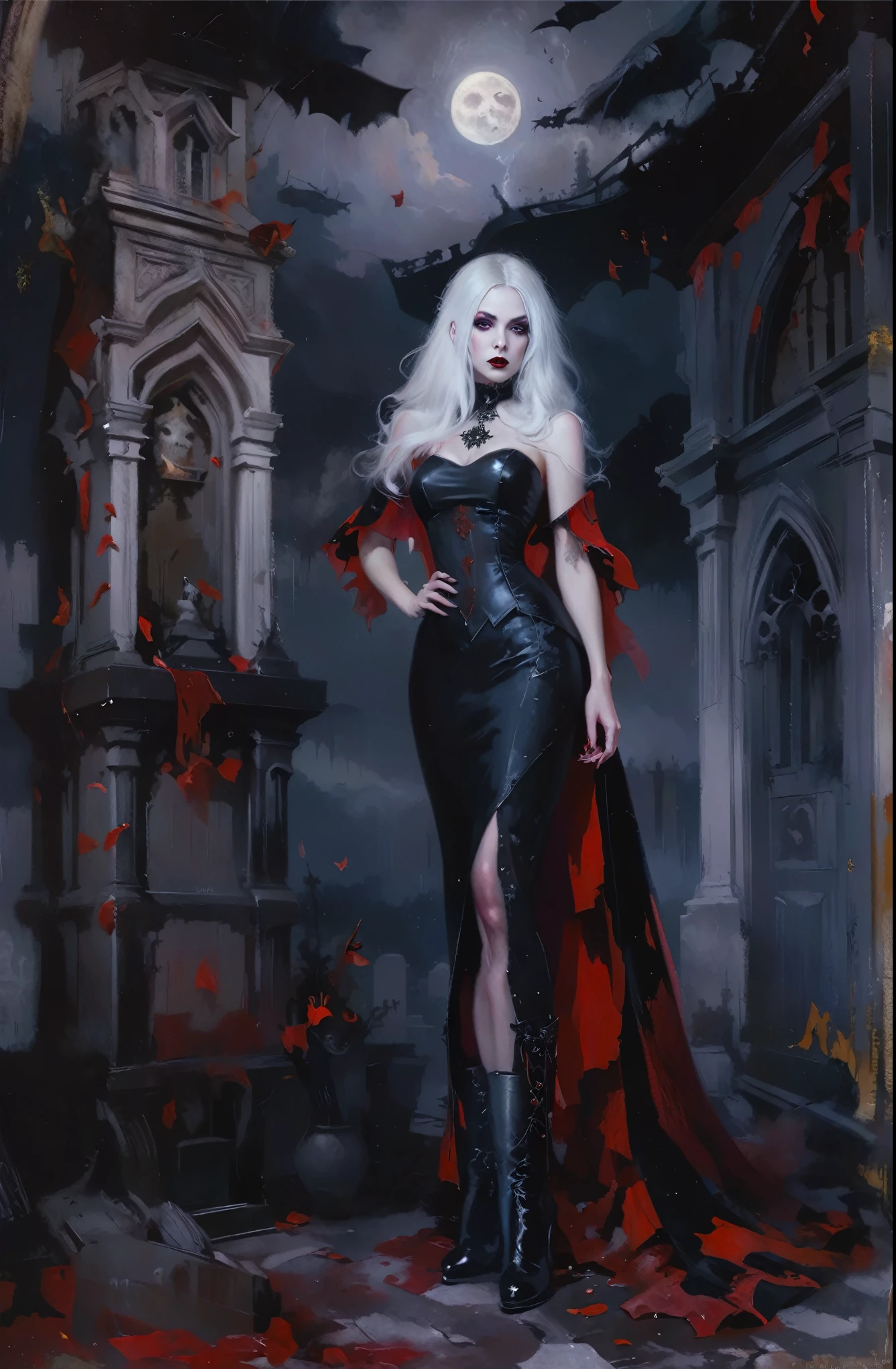 pintura de uma mulher com vestido preto e capa vermelha parada em um cemitério, arte de fantasia gótica, arte de estilo fantasia sombria, linda rainha feminina vampira, Moda vampiro, linda rainha vampira, estilo artístico tom bagshaw, arte gótica style, WLOP |, conceito neogótico, alexandra fomina artstation, arte gótica, donzela gótica, retrato de uma senhora vampira