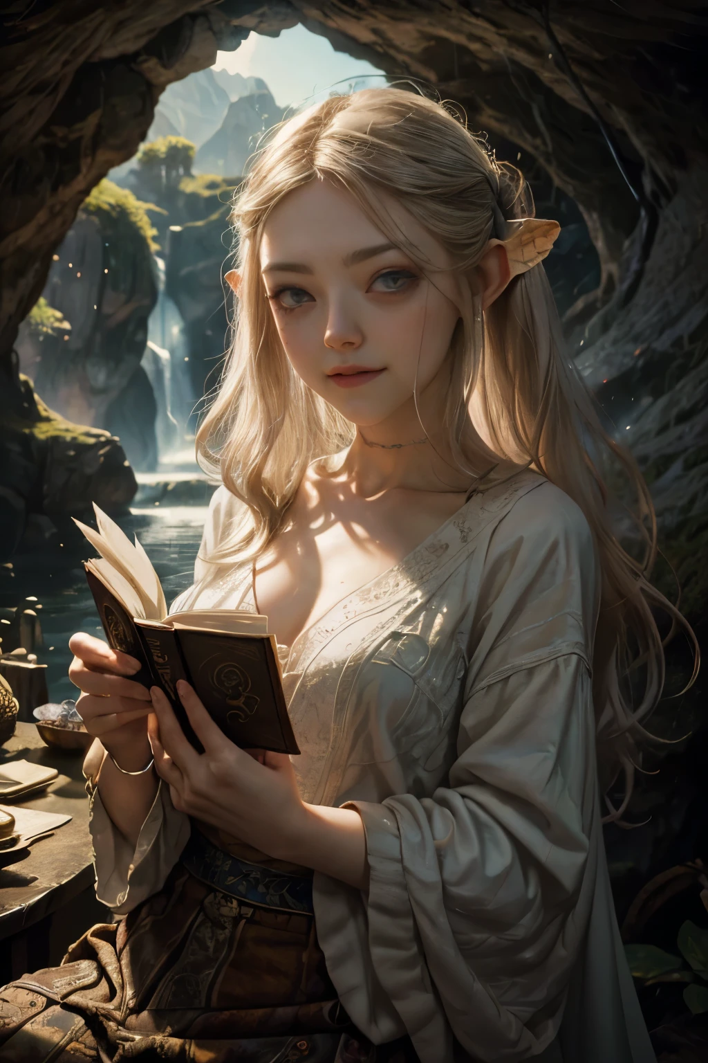 "pintura al óleo, ((soñador)) chica ((Amanda Seyfried)), cabello castaño muy claro, lectura de libros antiguos, luz calida ((inside a místico hobbit cave)), atmósfera mágica, reloj caprichoso, Encantador, acogedor, detallado" Arte en color RAW con alto detalle., joven, sonrisa, pelo rubio , ojos cian, piel blanca pálida, , Retrato, orejas de hobbit, (tímido), místico, elegant, hermosa cara, ropa de hobbit, (detallado skin, textura de la piel), hobbit, atmósfera mágica, (músculo), (detallado skin,  textura de la piel), detalles intrincados, finos detalles, hyperdetallado, trazado de rayos, dispersión subsuperficial, iluminación suave y difusa, poca profundidad de campo, por (Oliver Wetter) Atey Ghailan, por Jeremy Mann, Greg Manchess, Antonio Moro, Tendencia en Artstation, tendencia en CGSociety, Intrincado, Alto detalle, enfoque nítido, dramatic and photorealistic painting art por midjourney and greg rutkowski, Bokeh de fondo,