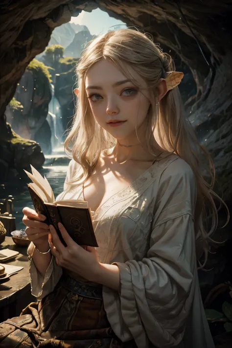 "Oil painting, ((dreamy)) girl ((Amanda Seyfried)), super light brunette hair, reading ancient books, warm light ((inside a myst...