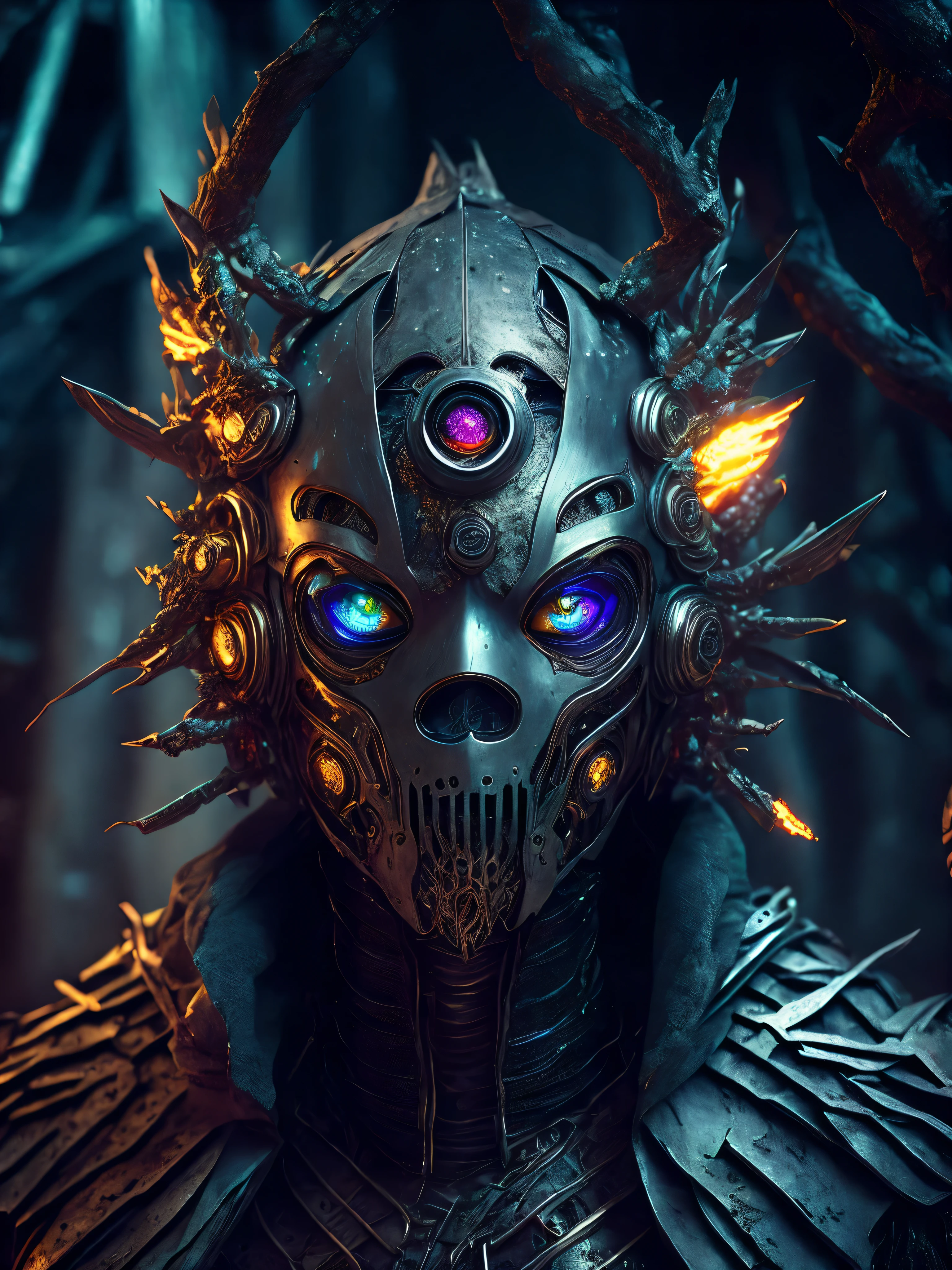 breathtaking cinematic science fiction photo of a portrait of a non human masked Grim dressed as a tree in metal skin, body full glowing metrics inside, glowing multicoloured eyes, multifaceted eyes, metallic arms, inside a destroyed building, extremely menacing creature, highly detailed, award-winning