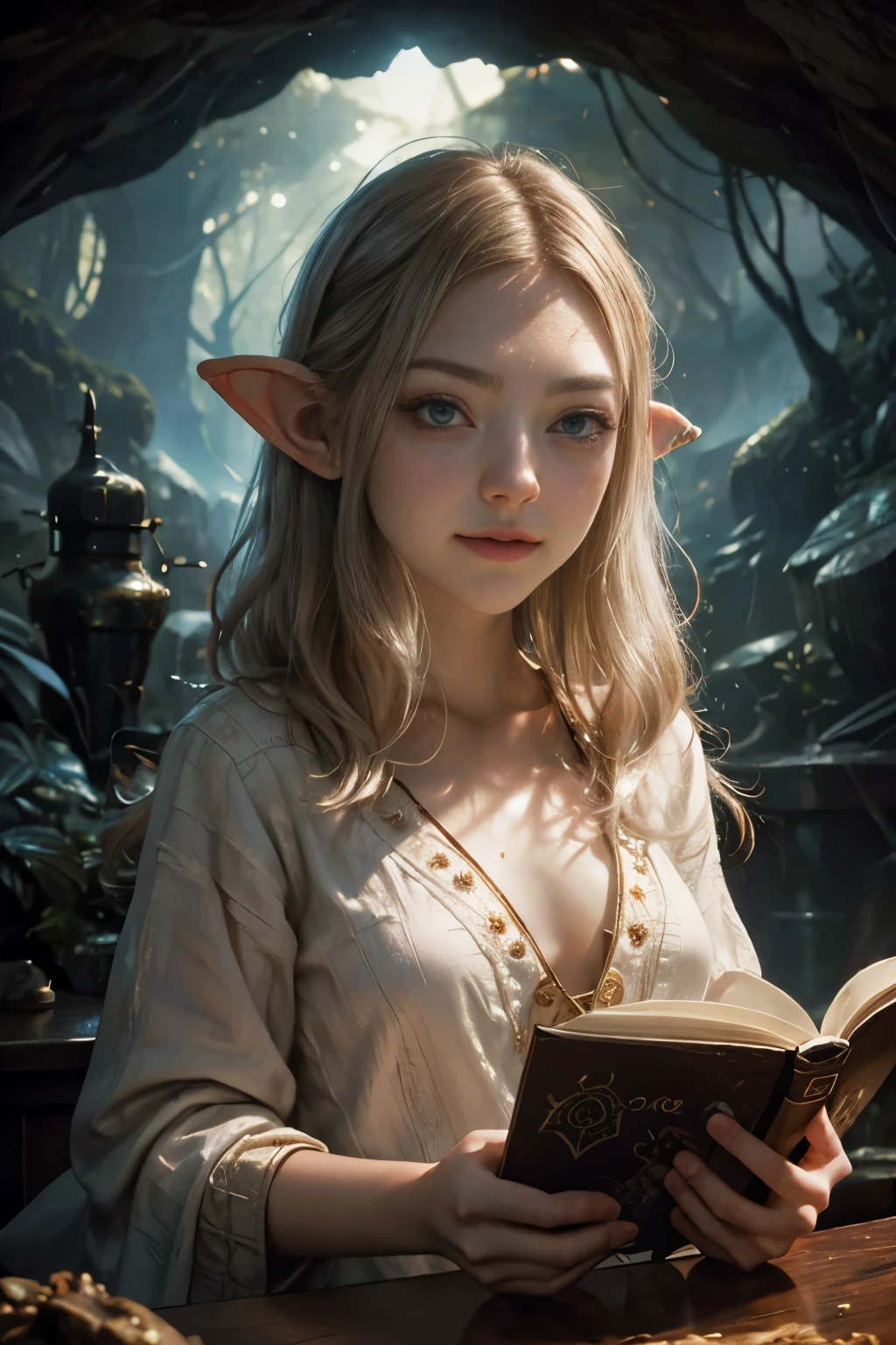 brunette hair, "Oil painting, dreamy girl ((Amanda Seyfried)), reading ancient books, warm light ((inside a mystical hobbit cave)), magical atmosphere, whimsical clock, enchanting, cozy, detailed" High detail RAW colored art, young, smile, cyan eyes, white pale skin, , portrait, hobbit ears, (shy), mystical, elegant, gorgeous face, hobbit clothes, (detailed skin, skin texture), hobbit, magical atmosphere, (muscle), (detailed skin, skin texture), intricate details, fine details, hyperdetailed, ray tracing, subsurface scattering, diffuse soft lighting, shallow depth of field, by (Oliver Wetter) Atey Ghailan, by Jeremy Mann, Greg Manchess, Antonio Moro, trend at ArtStation, trend at CGSociety, Intricate, High Detail, Sharp focus, dramatic and photorealistic painting art by midjourney and greg rutkowski, bokeh in the background,
