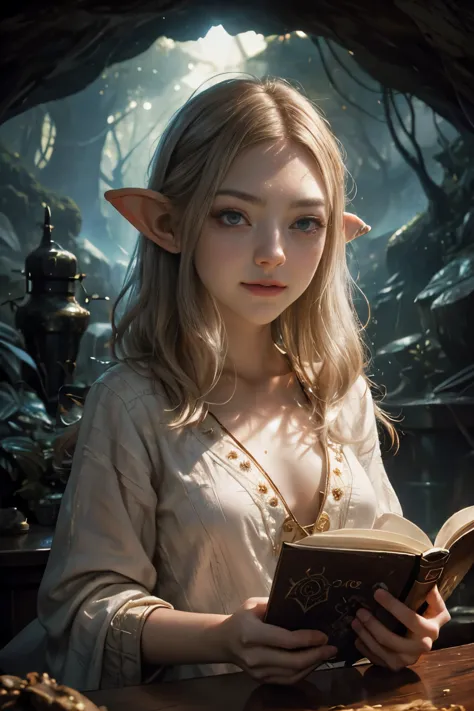 brunette hair, "Oil painting, dreamy girl ((Amanda Seyfried)), reading ancient books, warm light ((inside a mystical hobbit cave...