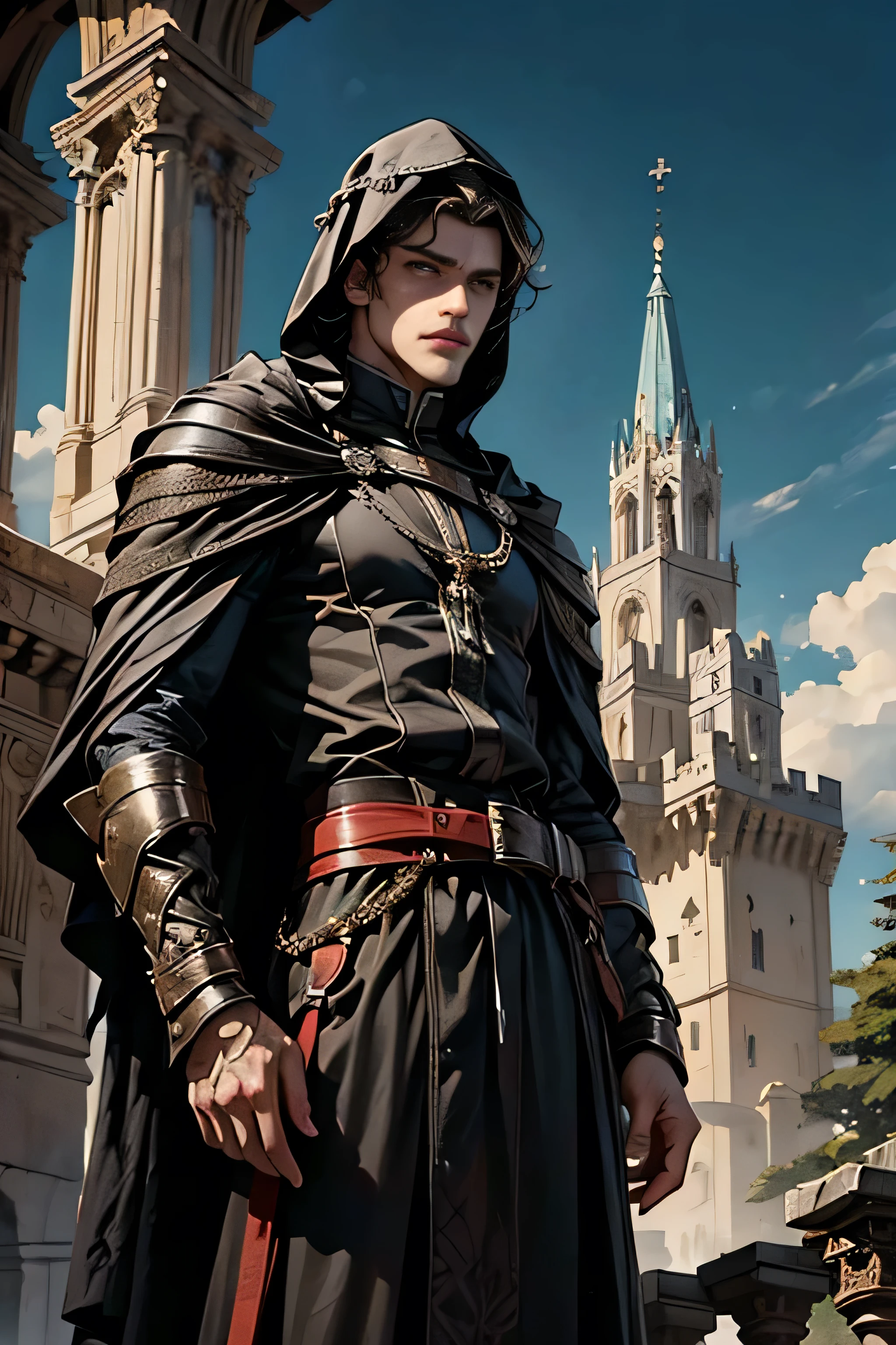 obra de arte, melhor qualidade, homem magro, forte, cabelo preto, duas facas, olhos brancos, fundos castelo, castle background, hood on head, corpo inteiro, from head to toe.