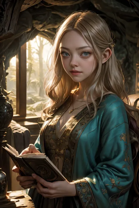 brunette hair, "Oil painting, dreamy girl ((Amanda Seyfried)), reading ancient books, warm light ((inside a mystical hobbit cave...