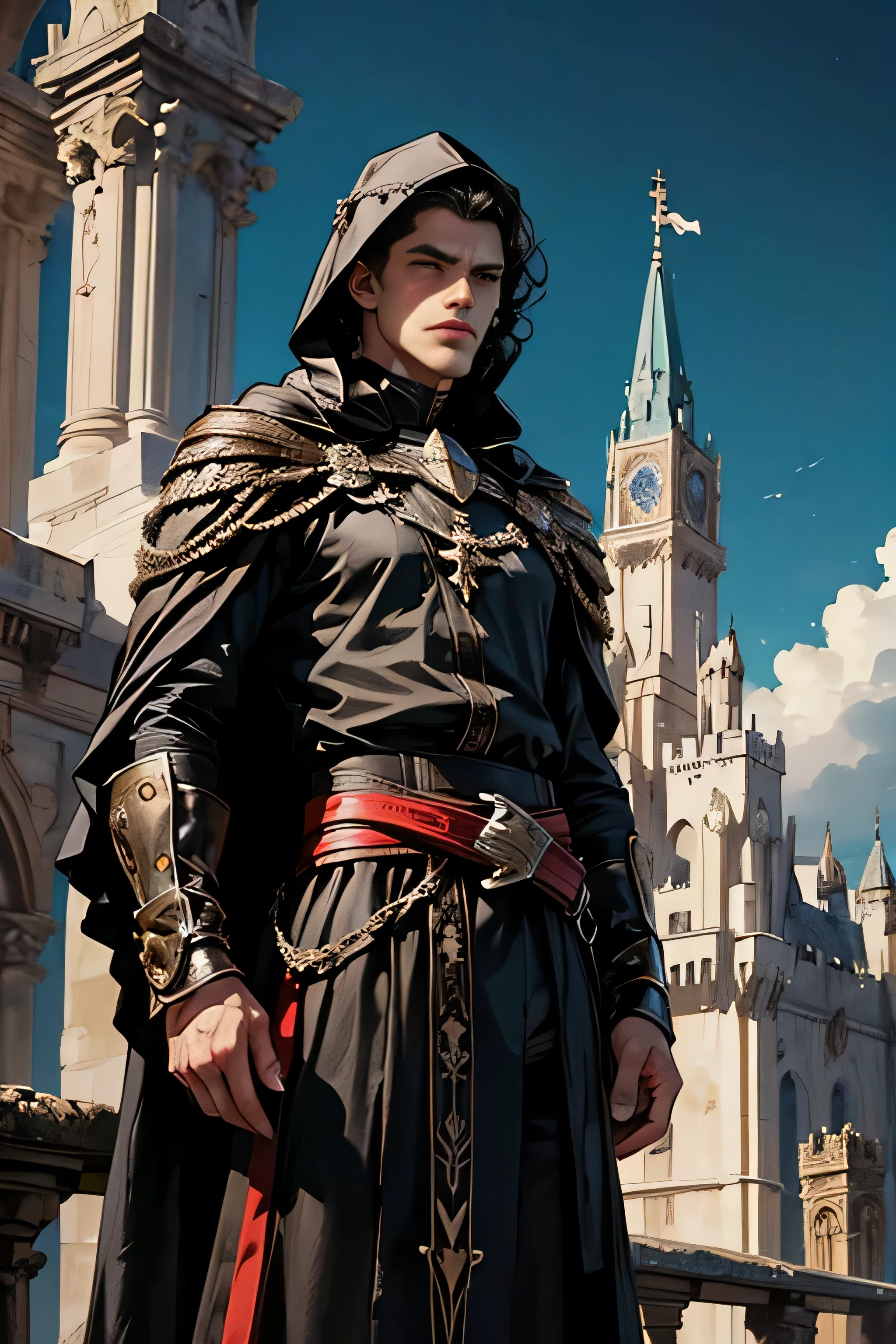 obra de arte, melhor qualidade, homem magro, forte, cabelo preto, duas facas, olhos brancos, fundos castelo, castle background, hood on head, corpo inteiro, from head to toe, pele cinza, very pale.