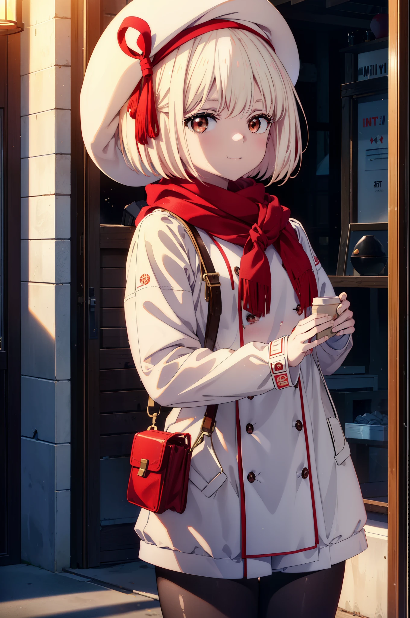 chisatonishikigi, nishikigi chisato,Short Hair , bangs, blonde,Bobcut (Red eyes:1.5),happy smile, smile, Open your mouth,Red oversized coat,White knit hat,White scarf,White Sweater,Shorts,White pantyhose,sneakers,Shirogane World,Snow is piling up,it&#39;s snowing,it&#39;s snowing,winter,Cold Sky,morning,morning陽,The sun is rising,
break looking at viewer, whole body, Upper Body,(Cowboy Shot:1. 5)
break outdoors, In town,Building district,
break (masterpiece:1.2), highest quality, High resolution, unity 8k wallpaper, (figure:0.8), (Beautiful fine details:1.6), Highly detailed face, Perfect lighting, Highly detailed CG, (Perfect hands, Perfect Anatomy),