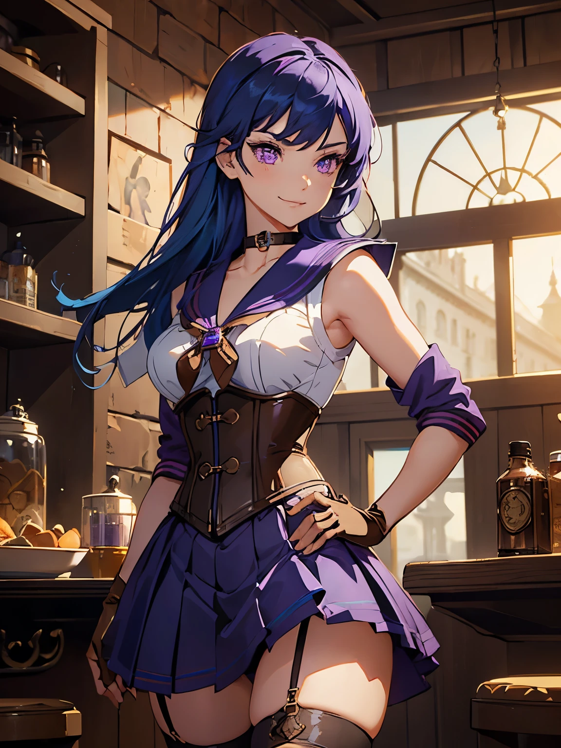 masterpiece, high quality, standing, 1_women, (upper body), (((looking away from viewer))), (bright blue hair), medium length hair, cute bangs, flowing hair, (exotic skin_complexion:1.4),mature, tall, diamond shaped eyes, (((purple eyes))), dark_eyeliner, long_eyelashes), (hands on hip), (purple fingerless_gloves), beautiful, exotic, elegant, slim, (((sailor collar))), black thigh highs, choker, medium bust, (brown steampunk corset), black Lolita style skirt, knee high heel with laces, (sleeveless), natural dynamic lighting, ((smirking)), steampunk, inside rustic tavern, 