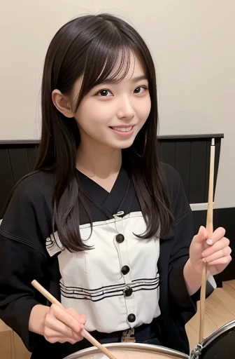 best quality, detailed, beautiful, insanely detailed, absurdres,perfect anatomy, Japanese female,black hair,27 years old, (slender), (small breasts),(super fucking beautiful),
Rock live, cheerful grin,(Japanese female playing drums:1.2), excited, frontal shot