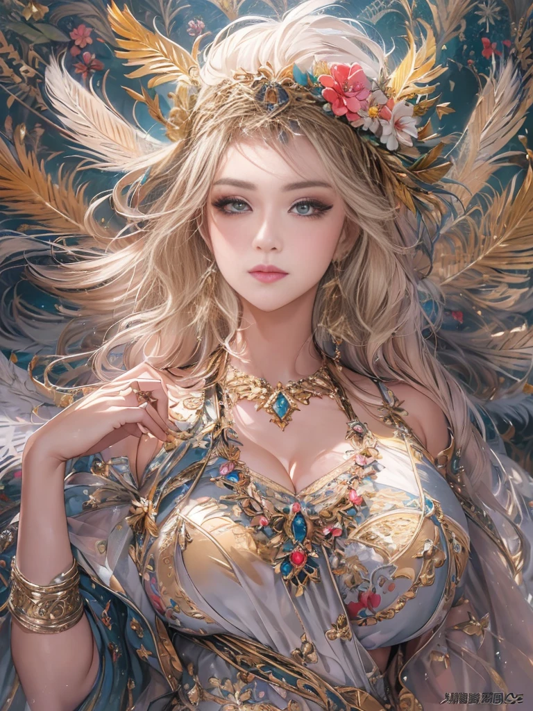 Big Breastsの女性, Blonde, colored feather, metal ornaments, colored Flowers, particle, Light, (masterpiece, 最high quality, 最high quality, Official Art, Beautiful and aesthetic:1.2), (1 girl:1.3), Very detailed,(Fractal Art:1.1),(colorful:1.1)(Flowers:1.3),Most detailed,(Dynamic pose), (Abstract background:1.3), (Shiny skin), (Many colors :1.4), ,(Earrings:1.4), (feather:1.4),masterpiece, 最high quality, 30~40 years, Full Body Shot, Mature Woman, 美しい Mature Woman,Captivating smile, Thick lips, Plumpとした唇, blush, Looking at the audience, Provocative expression, Cleavage, Plump、Curvy Hips、Attractive face、Mischievous face、An inviting gaze、Expressing emotions,Standing position、Gorgeous accessories and various hairstyles，Gold headband，Ample breasts，Uneven buttocks，Greek clothing，Tulle covers the chest，Perfect balance, Detailed clothing details,Temple，marble，Statue of God，cinematic Lighting, Film Grain, contrast of Light and dark, 8k, masterpiece, Very detailed, Attention to detail, high quality, High resolution, masterpiece, 最high quality, Very detailed, Big Breasts, Are standing, Cowboy Shot, Looking at the audience, Outdoor, blush, 1 girl, (masterpiece:1.3), (High resolution), (8k), (Very detailed), Perfect Face, Beautiful eyes and face, (((最high quality))), (Very detailed), Detailed face and eyes, (alone), High resolution、Beautiful eyes,(((Sexy pose)))、(((Full body depiction)))