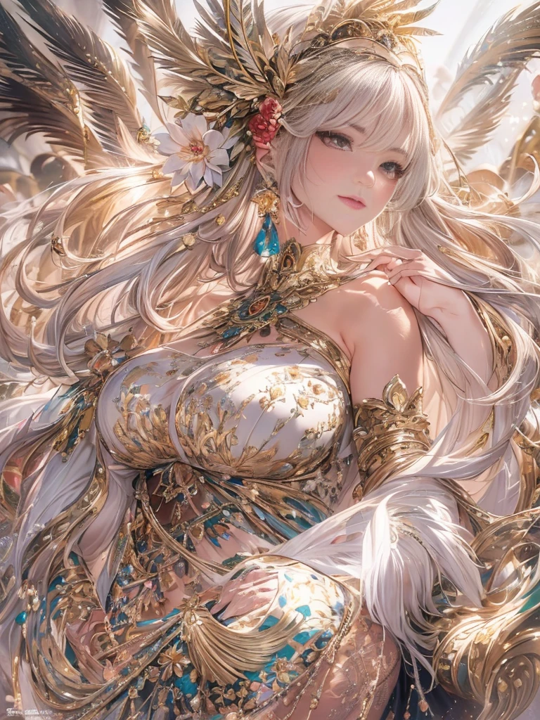 Big Breastsの女性, Blonde, colored feather, metal ornaments, colored Flowers, particle, Light, (masterpiece, 最high quality, 最high quality, Official Art, Beautiful and aesthetic:1.2), (1 girl:1.3), Very detailed,(Fractal Art:1.1),(colorful:1.1)(Flowers:1.3),Most detailed,(Dynamic pose), (Abstract background:1.3), (Shiny skin), (Many colors :1.4), ,(Earrings:1.4), (feather:1.4),masterpiece, 最high quality, 30~40 years, Full Body Shot, Mature Woman, 美しい Mature Woman,Captivating smile, Thick lips, Plumpとした唇, blush, Looking at the audience, Provocative expression, Cleavage, Plump、Curvy Hips、Attractive face、Mischievous face、An inviting gaze、Expressing emotions,Standing position、Gorgeous accessories and various hairstyles，Gold headband，Ample breasts，Uneven buttocks，Greek clothing，Tulle covers the chest，Perfect balance, Detailed clothing details,Temple，marble，Statue of God，cinematic Lighting, Film Grain, contrast of Light and dark, 8k, masterpiece, Very detailed, Attention to detail, high quality, High resolution, masterpiece, 最high quality, Very detailed, Big Breasts, Are standing, Cowboy Shot, Looking at the audience, Outdoor, blush, 1 girl, (masterpiece:1.3), (High resolution), (8k), (Very detailed), Perfect Face, Beautiful eyes and face, (((最high quality))), (Very detailed), Detailed face and eyes, (alone), High resolution、Beautiful eyes,(((Sexy pose)))、(((Full body depiction)))