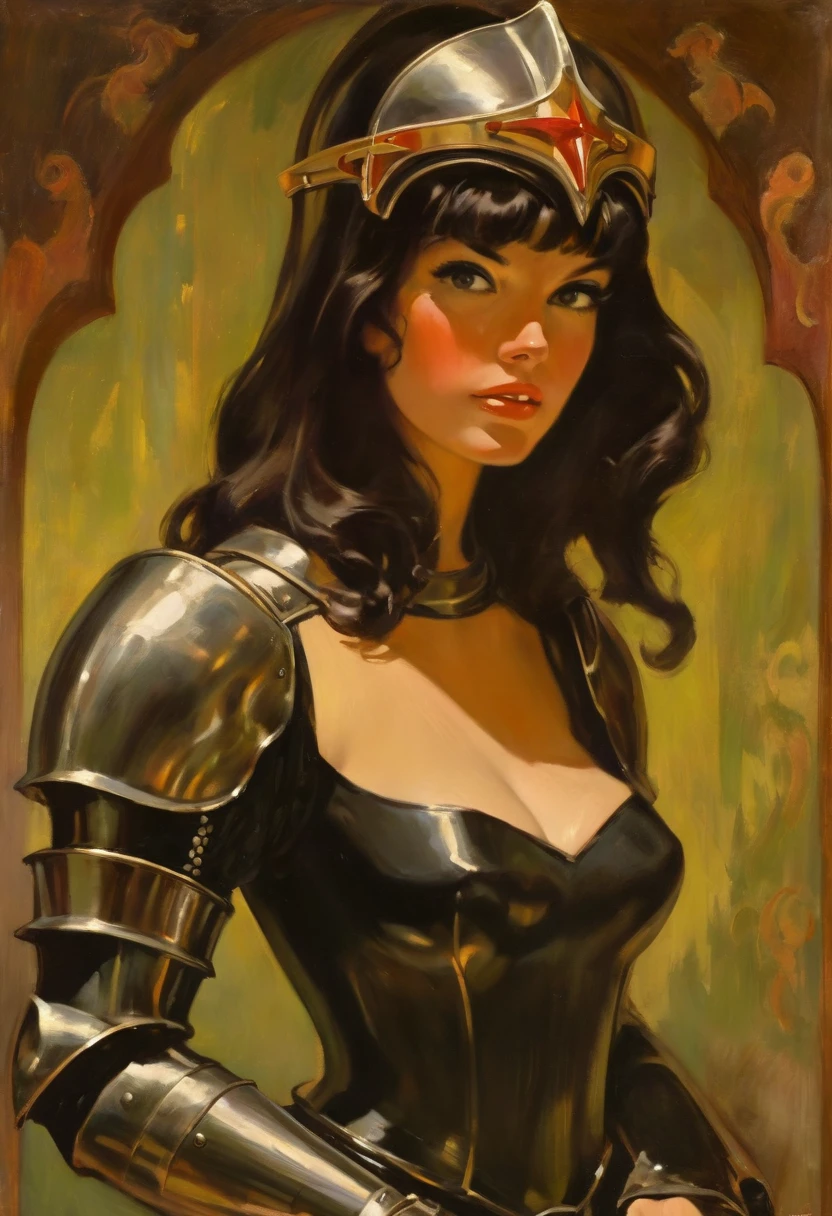 Joanna D'arc, ((vestida com uma armadura medieval completa)), ((corpo inteiro)), cabelos castanhos longos, ruiva, oil portrait, 1960, vintage, VHS, pintura vintage, arte da capa do livro pulp scifi, retro pulp art, 1970 s cartaz do filme, pintura de cartazes de filmes, Arte Pulp Vintage |, bela pintura com rosto altamente detalhado por greg rutkowski e magali villanueve, pure and innocent expression, texturas de reflexos naturais, cinematic lighting, ((( Gil Elvgren )))