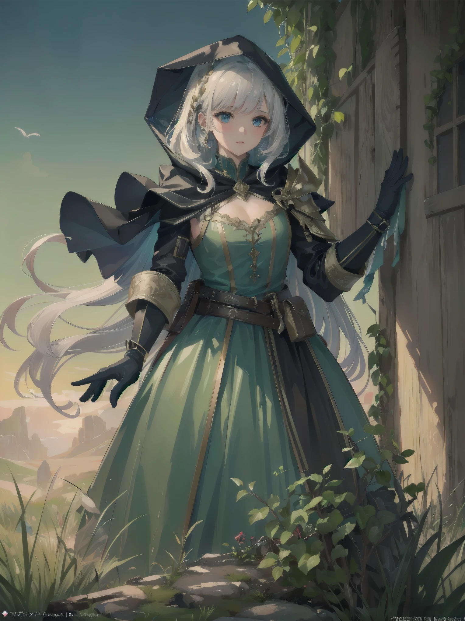 (Masterpiece, top quality, highest quality, official art, beautiful and aesthetic: 1.2), 1 girl, solo, marquise, adventurer, hood, meadow, detailed background, otherworldly fantasy with overwhelming modeling and super detailed amount of writing, one of the most powerful battle scenes, deep and detailed background, cute and beautiful girl, imaginative Cute girls, imaginative posing
