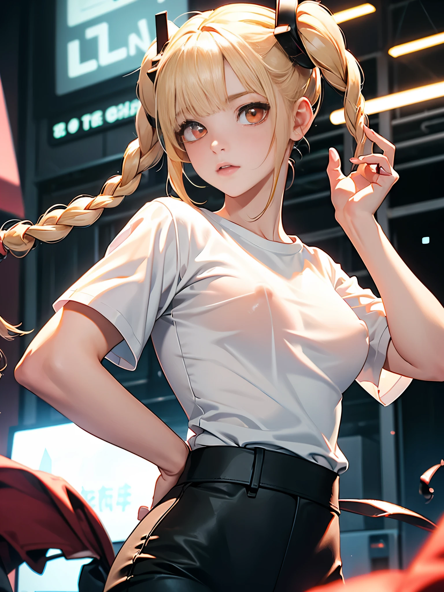 Optimal，masterpiece，High resolution，highest quality，Hyper HD，Super Detail，Awards，16K，solo，（Upper body），Anatomically correct，Beautiful Cyberpunk Girl，Cowboy Shot、Cute face，，Blonde、Long Hair、Twin tails、Braid, Hairline，（（Scarlet Eyes）），Long eyelashes，The corners of the eyes are drooping，White skin，Shoot from the side, ((White T-shirt:1.5)), ((See-through nipples))、rocket , （The body is slim），