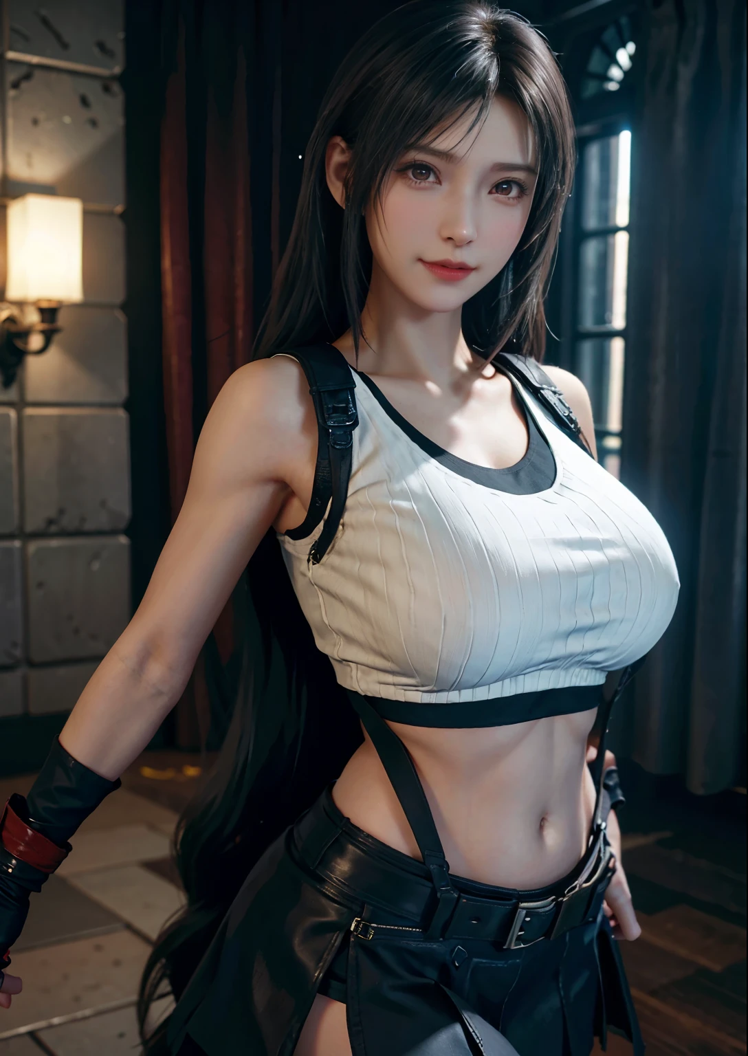 (Realista: 1.4), de la máxima calidad, muy delicado y hermoso, Alta resolución, Una chica, tifa_Lockhart, sonrisa, tiro de vaquero, Tirantes, de poca altura, Mini falda, Camiseta sin mangas, camisa tensa, pelo negro, pelo largo, Bolsillos para las manos en los codos, hermosos y detallados ojos rojos, luz de la cara, Iluminación de cine, ombligo, Alta exposición, vientre expuesto, rib, Músculos abdominales, ( pechos enormes: 1.2), pose dinámica, ángulo dinámico,