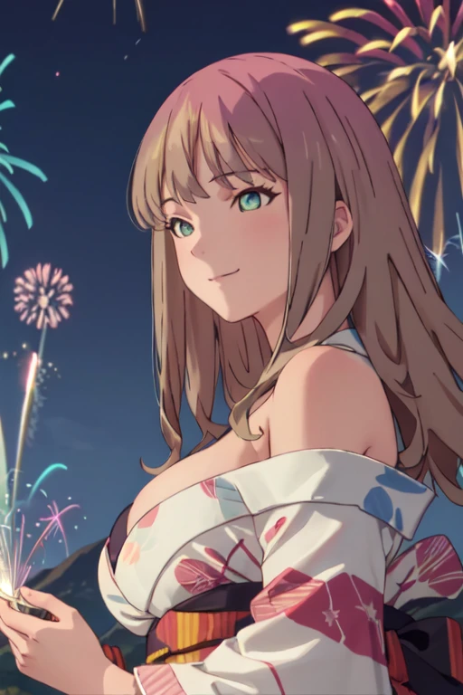 masterpiece, best quality, ultra detailed, highres, extremely detailed CG unity 8k wallpaper, perfect lighting,  very detailed background, beautiful and aesthetic,sharp focus, perfect face, dynamic pose, dynamic angle,
1girl, upper body, (portrait:1.1), multicolored yukata, kanzashi, looking at viewer,  full-face blush, from side, from below, smile,
night, dark sky, misty lake, mountainous horizon, break,aerial fireworks,  (Full of sky fireworks:1.2),
Shoulder Bare、Off the shoulder、(Holding a handheld firework:1.2)、(Large Breasts:1.4)